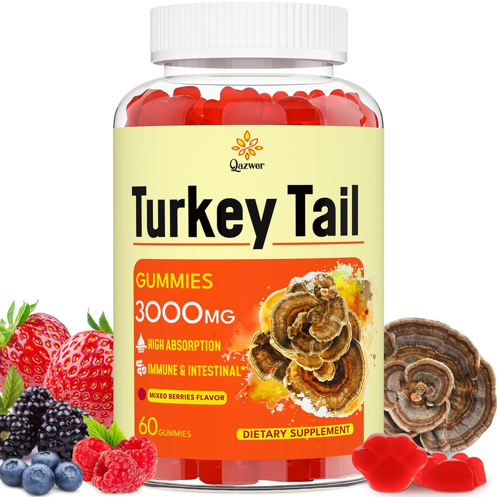 Turquía Tail Mushroom, Turquía Tail (100% Fruiting Body, 40% Beta Glucans) añadir Black Pepper, Mushroom Gummies for Gut, Energy, Brain &amp; Immune Support, Mixed Berries Flavor  Vegan, Non-GMO, 60ct