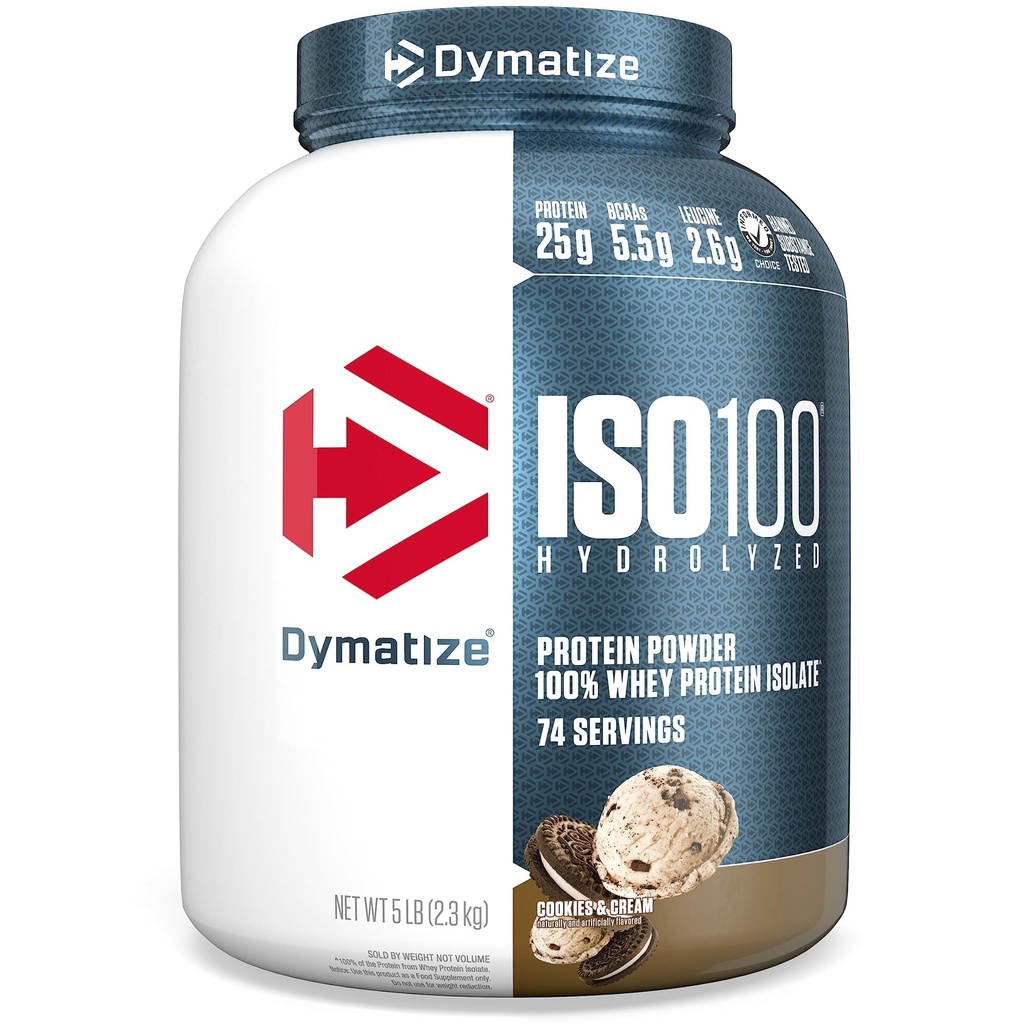 Dymatize ISO100 Whey Protein Powder Isolate, Cookies &amp; Cream, 25g de Protein, 5 libras, 5.5g BCAAs, Menos Than 120 Cal., Gluten Free, 1g Fat, 1g Sugar, 2g Carb (74 Servings)