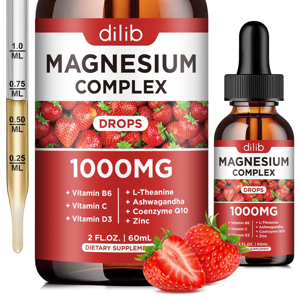 Triple Magnesium Complex Supplement, Magnesium Glycinate, Blend, Citrate Liquid Drops 1000mg with Ashwagandha, CoQ10, Vitamin B6, C, D, Zinc -Support Calm Stress Relief, Bone, Muscle, Mood Vegan