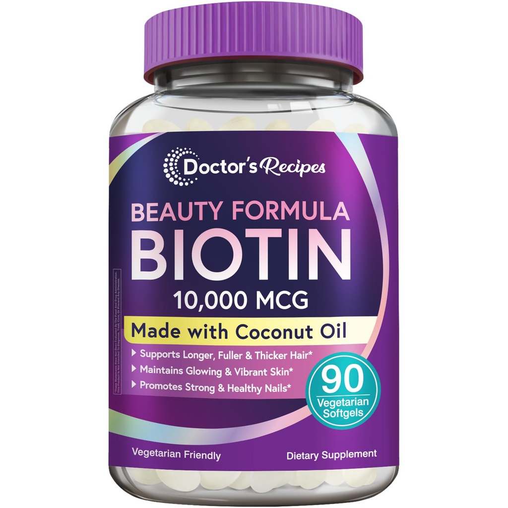 Doctor's Recipes Biotin 10,000 mcg, Hair Growth, Healthy Skin & Nails, Energy Metabolism, Vegetarian-Friendly Biotin, with Coconut Oil, Non-GMO, 3 Month Supply, 90 Vegetarian Softgels