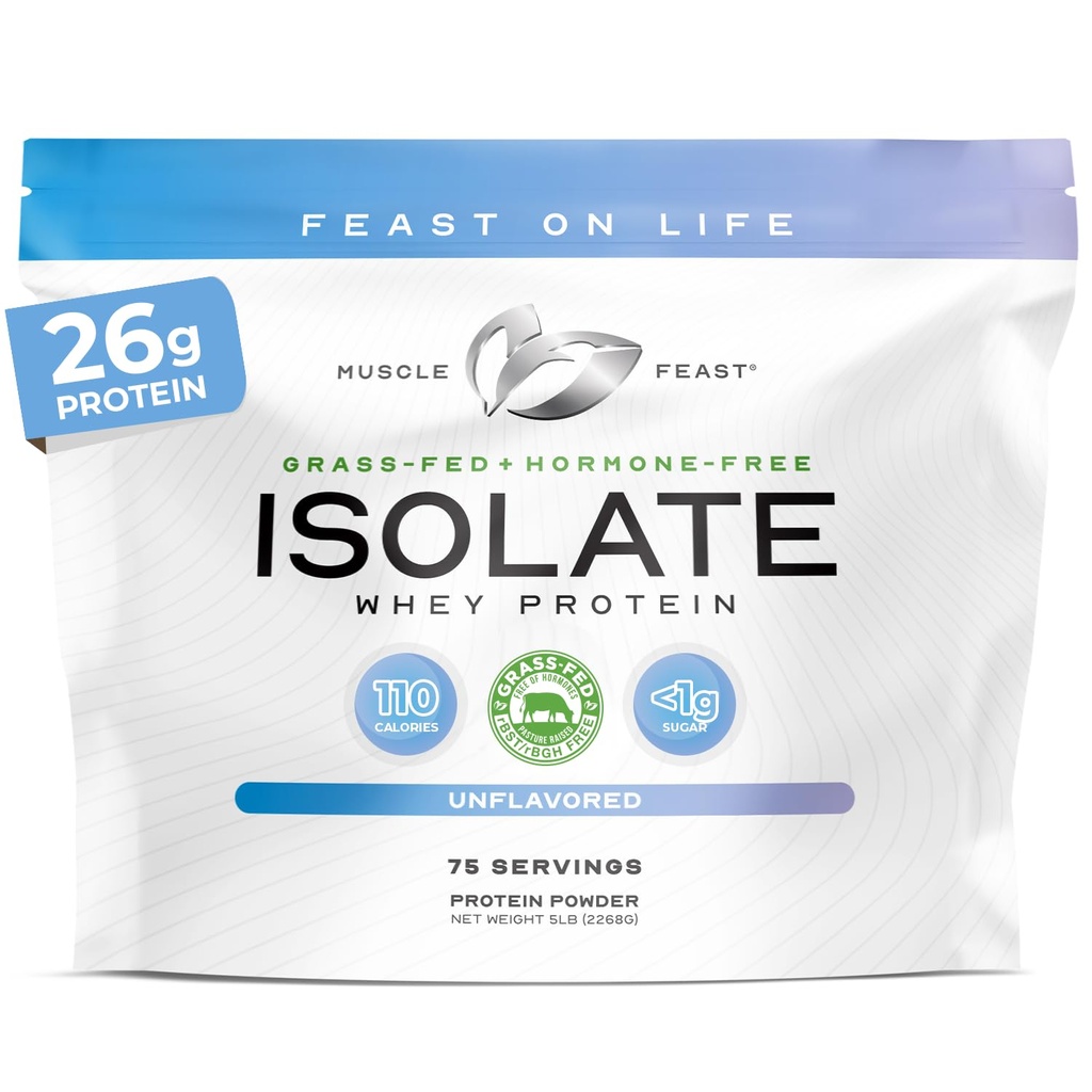 Muscle Feast Grass-Fed Whey Protein Isolate Powder, Unflavored (5lb)