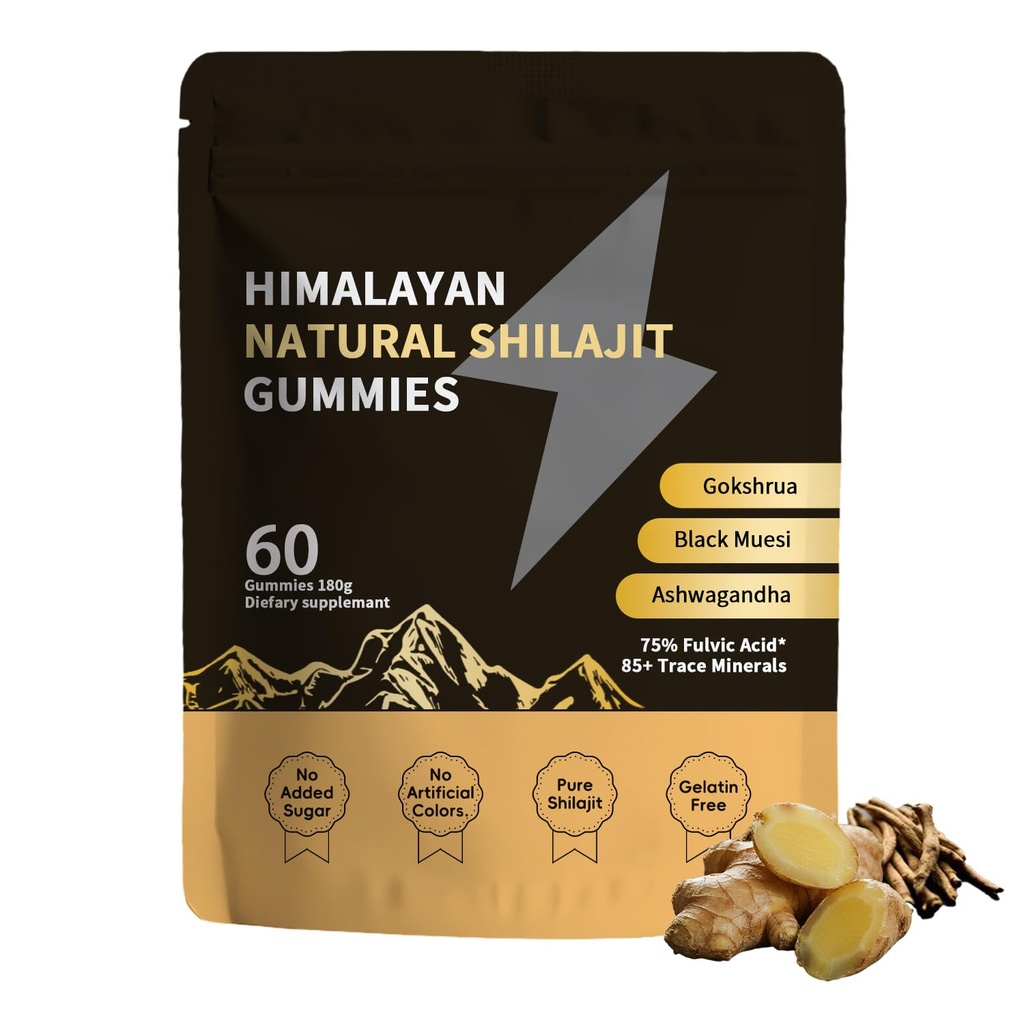 Shilajit Gold Gummies for Men & Women with Ashwagandha & Gokshura, 85+ Minerals & Fulvic Acid, Natural Energy & Wellness Support, 60 Count (01)