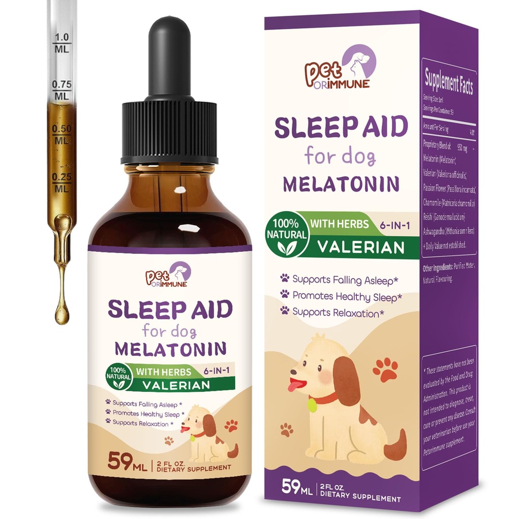 Dogs Sleep Aid Liquid Drops, Melatonin for Small & Large Dogs, Natural Herbal Supplement Support Falling & Healthy Asleep, and Relaxation w/Valerian, Chamomile and Reishi. 2 oz