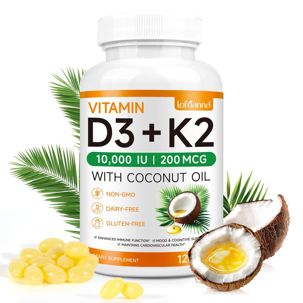 lofuanna Vitamin D3 K2 Supplement Softgels, 2 in 1 Vitamin D3 & K2 with Coconut Oil Supplement - Supports Heart, Teeth & Bone Health, Free of GMO & Gluten