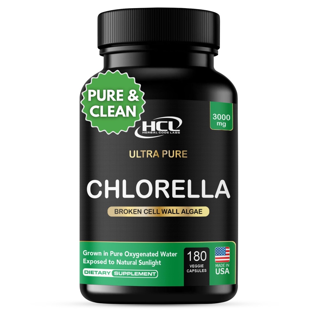 Chlorella Capsules 3000 mg - Muro Célula Cracked Azul Algae Suplemento - Best Natural Detox Cleanse - Vitaminas Minerales Clorofila Píldoras de pólvora de proteína vegana - Hecho en EE.UU.