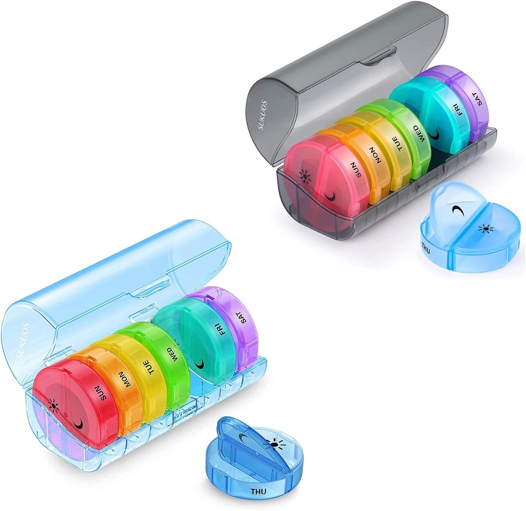 2 Pack Weekly Pill Organizer 7 Day 2 Times a Day, Sukuos Large Daily Pill Cases for Pills/Vitamin/Fish Oil/Supplements