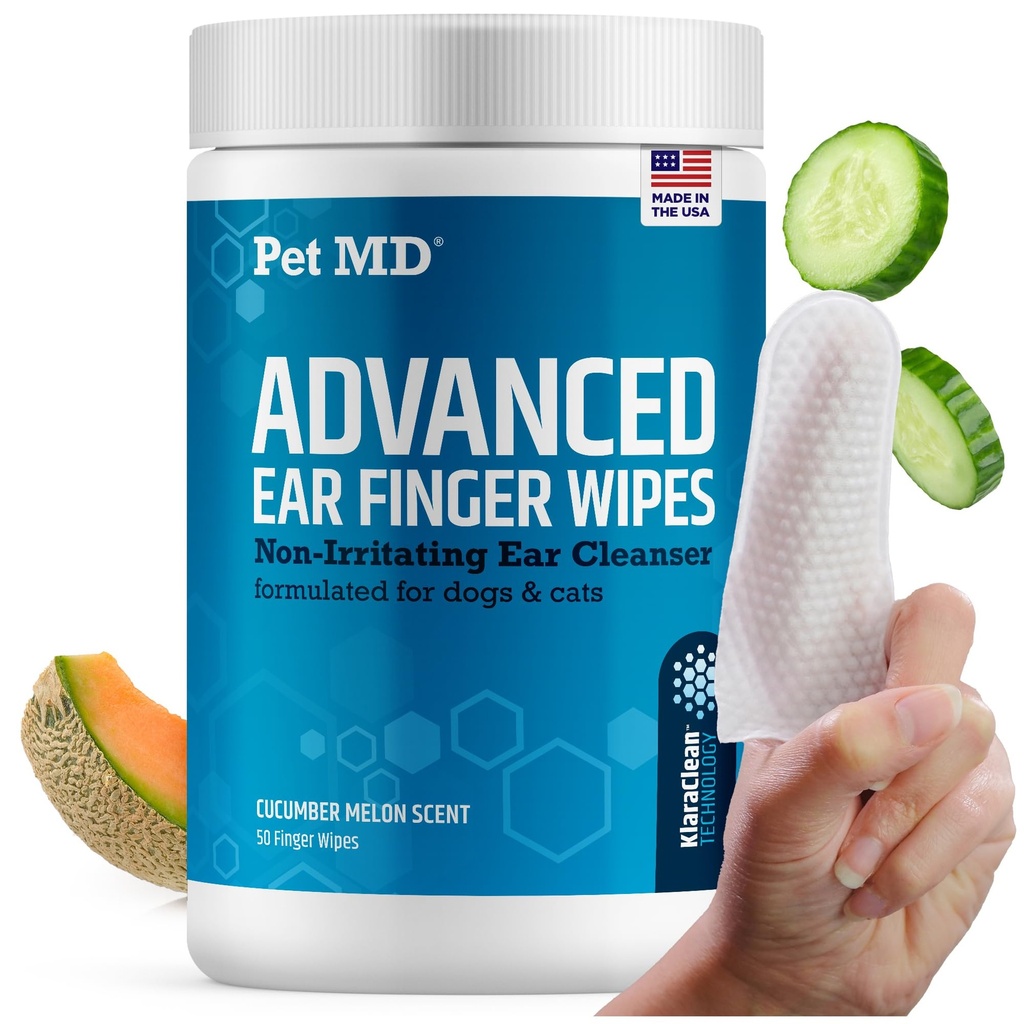 Pet MD Advanced Ear Finger Wipes for Dogs & Cats - Non-Irritating Ear Wipes & Ear Cleaner - Pet Safe Cleaner to Aid in Itchiness and Odor - Cucumber Melon (50ct)
