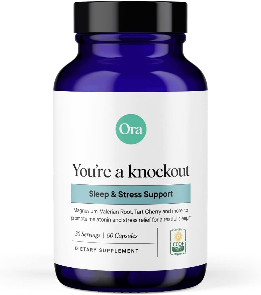 Ora Ora Organic Natural Sleep Aid Suplemento Stress Support Calming Herbal Blend with Melatonin from Tart Cherry - Incluye Magnesium Citrate, Valerian Root y Lemon Balm - 1 Month Supply, 60 cápsulas