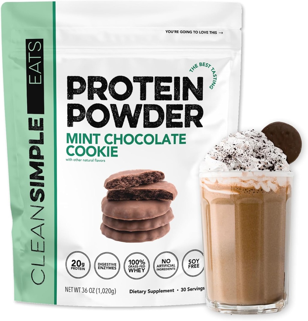 Clean Simple Eats Whey Protein Powder, Mint Chocolate Cookie Flavor, Naturally Sweetened, 100% Grass Fed Protein Powder with Digestive Enzymes, No Artificial Ingredients, Gluten Free, 30 Srvgs