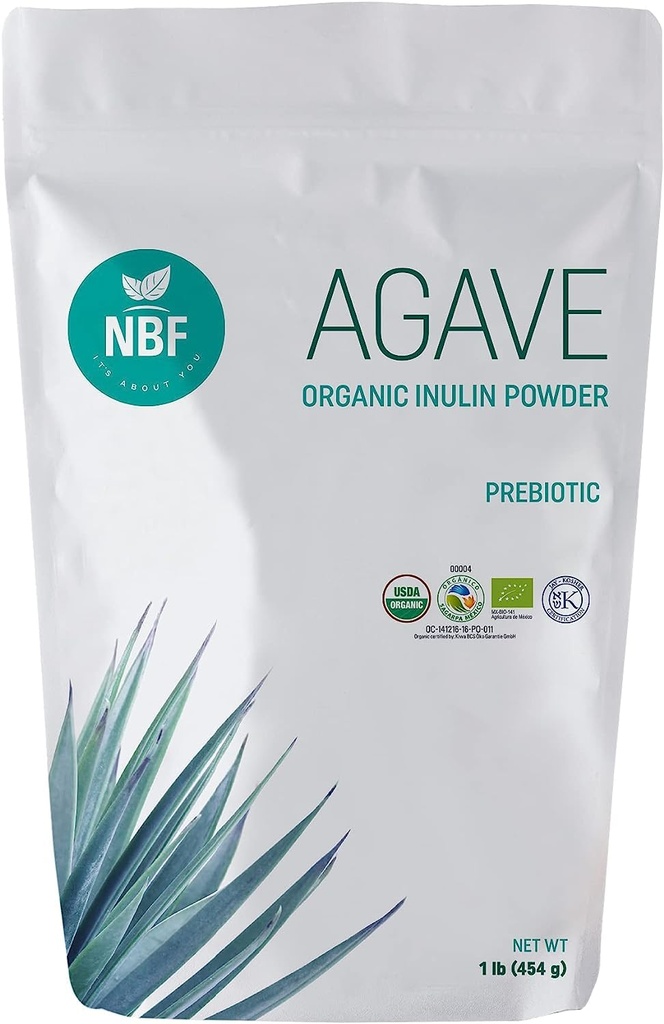 NBF NATURA BIO FOODS - Organic Agave Inulin Powder | Prebiotic Fiber Supplement | Gut Support | No Flavor or Aftertaste | Vegan & Keto Friendly | 16 Oz, 1 Pound (Pack of 1)