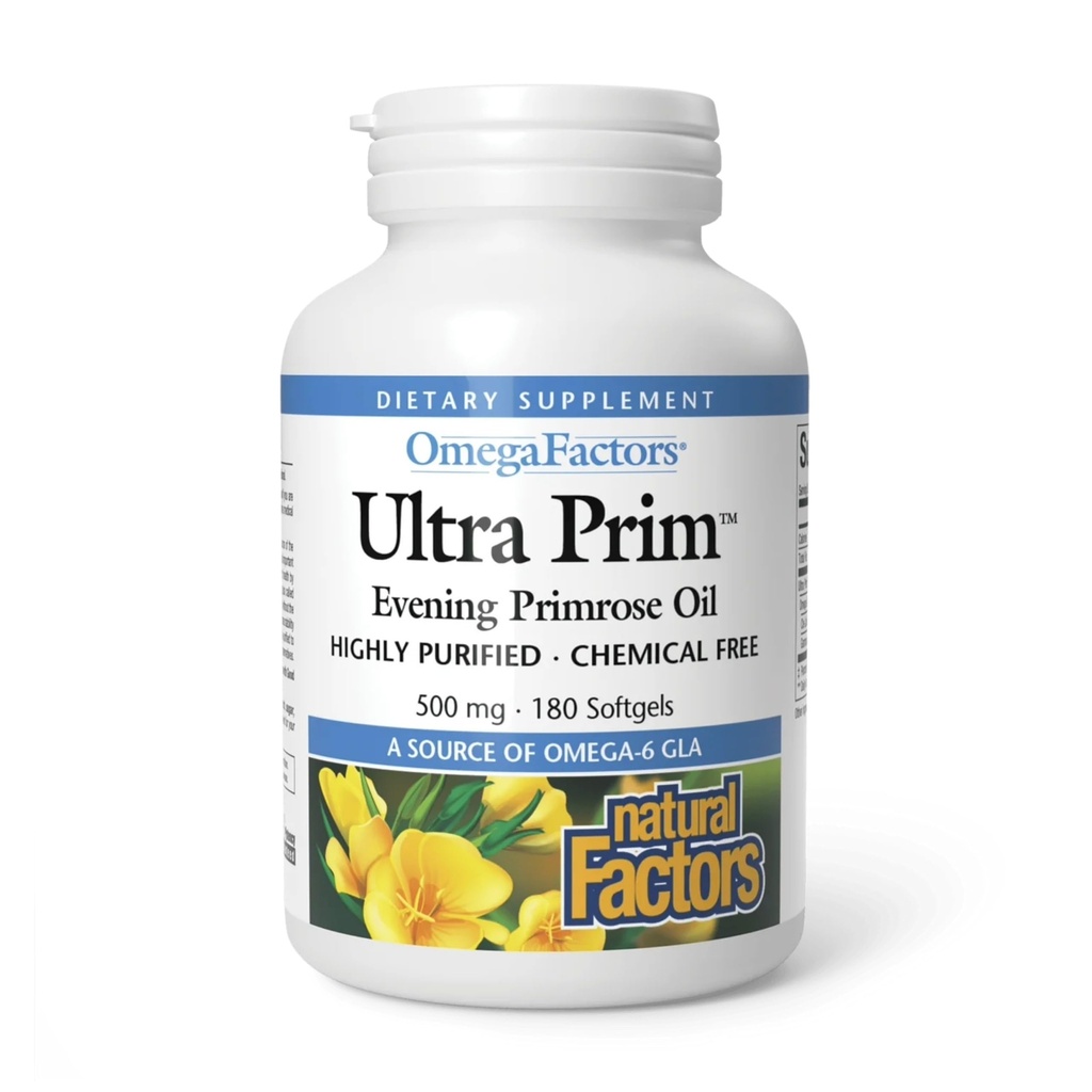 Natural Factors Omega Factors Ultra Prim Evening Primrose Oil 500 mg - Women's Health Supplement for Menopause & PMS Support - Non-GMO, Gluten-Free & Dairy-Free - 180 Softgels (180 Servings)