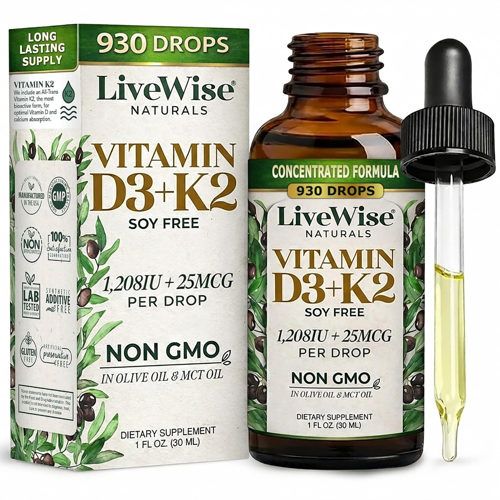 Vitamina D3 con gotas líquidas K2, Todas Naturales, No GMO, 1208iu D3 y 25mcg K2 (mk7) por Servir, Apoyar Sus Huesos, Sistema Inmunitario y Niveles de Energía, con o sin aceite de menta