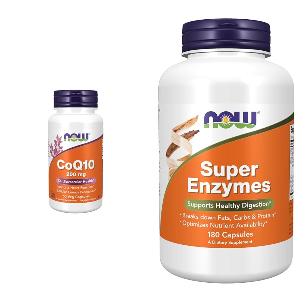 NOW Supplements, CoQ10 (Coenzyme Q10) 200 mg, Cardiovascular Health*, 60 Veg Capsules & Supplements, Super Enzymes, Formulated with Bromelain, Ox Bile, Pancreatin and Papain,180 Capsules