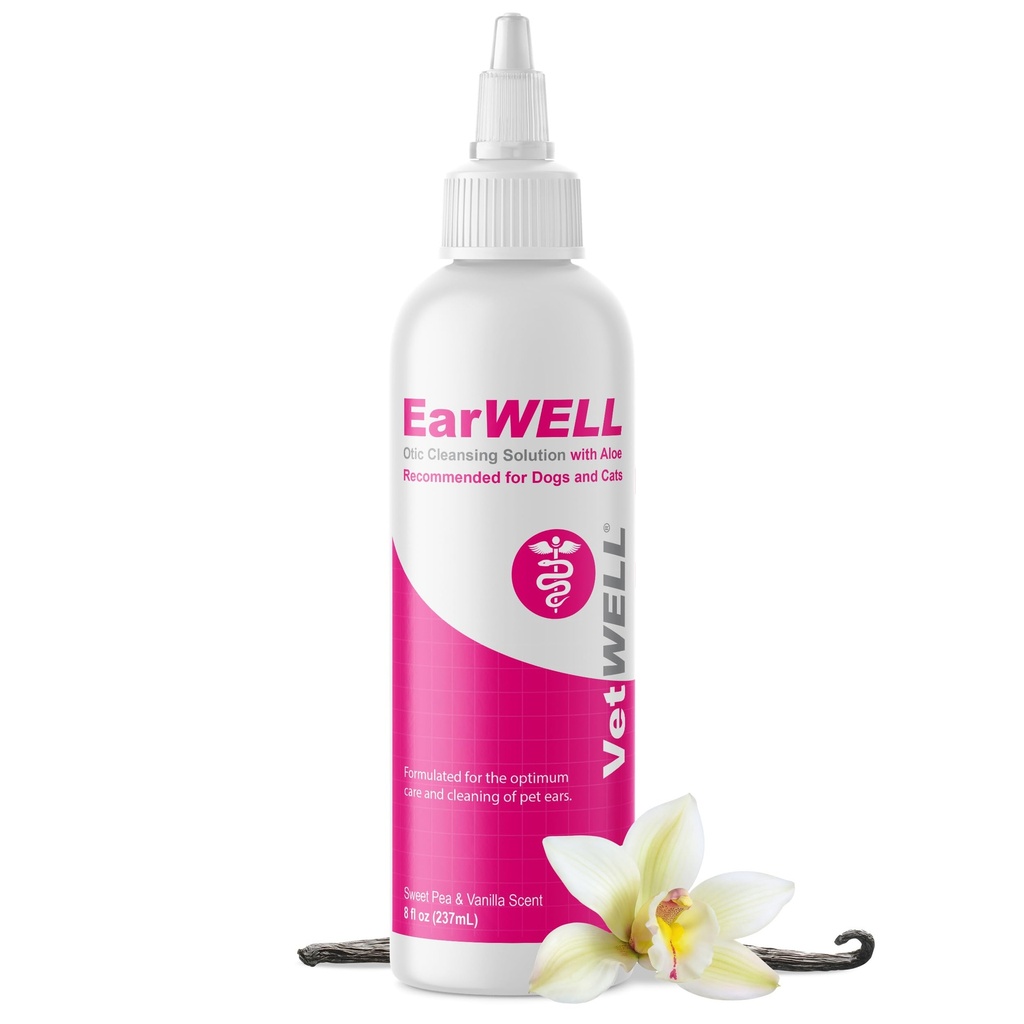 VetWELL Ear Cleaner for Dogs and Cats - Otic Rinse for Infections and Controlling Ear Infections and Odor in Pets - 8 oz (Sweet Pea Vanilla)