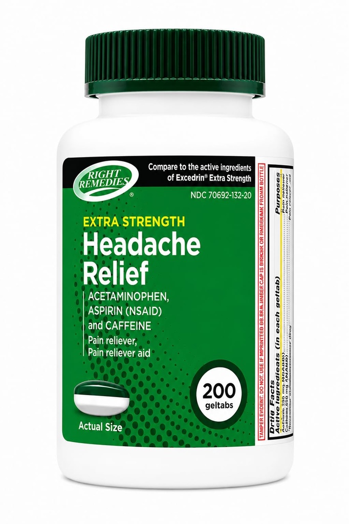 RIGHT REMEDIES Extra Strength Headache Relief with Acetaminophen, Aspirin (NSAID) & Caffeine, Back & Body Pain Relief, Compare to the Active Ingredients in Excedrin® Extra Strength (200 Geltabs)