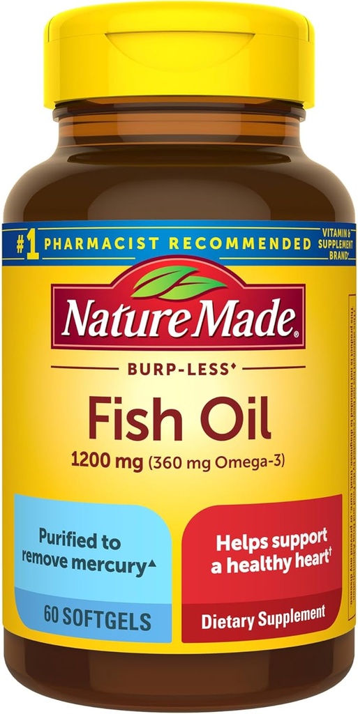 Nature Made Burp Less Fish Oil Omega 3 Supplements, 1200 mg Softgels, EPA DHA Omega 3 Fish Oil Supplements for Healthy Heart Support, 60 Softgels, 30 Day Supply