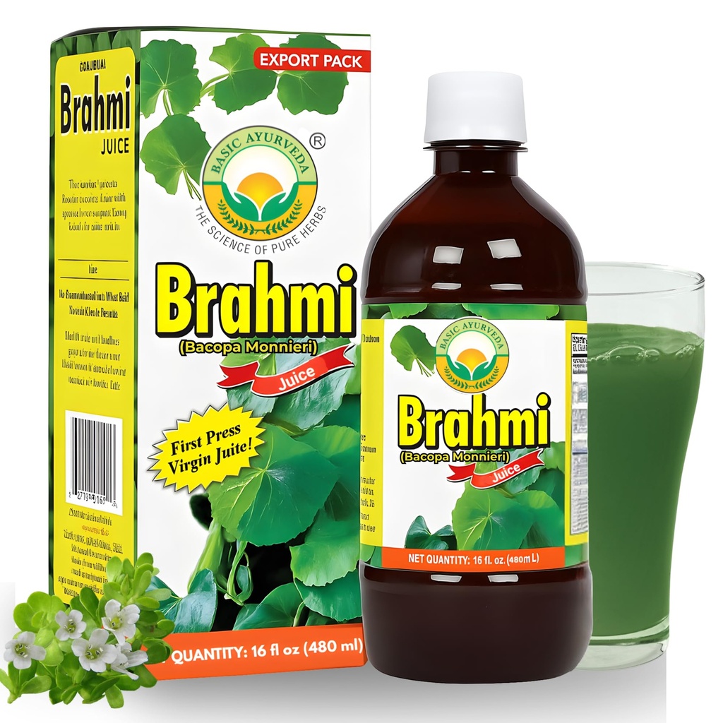 BASIC AYURVEDA Bacopa Monnieri (Brahmi) Juice | 16.23 Fl Oz (480ml) | Natural Brain & Memory Support | Herbal Tonic for Focus, Clarity & Wellness | No Sugar, Non-GMO & Vegan