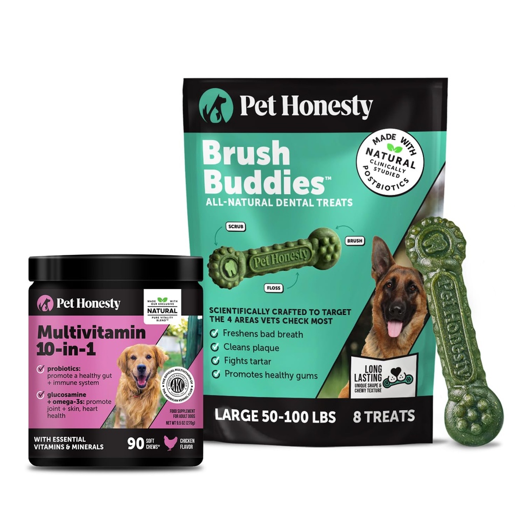 Pet Honesty Dog Wellness Bundle – 10-in-1 Multivitamin Supplement (Chicken, 90 Ct) + Brush Buddies Dental Sticks for Large Dogs (8 Ct) – Daily Health & Dental Support