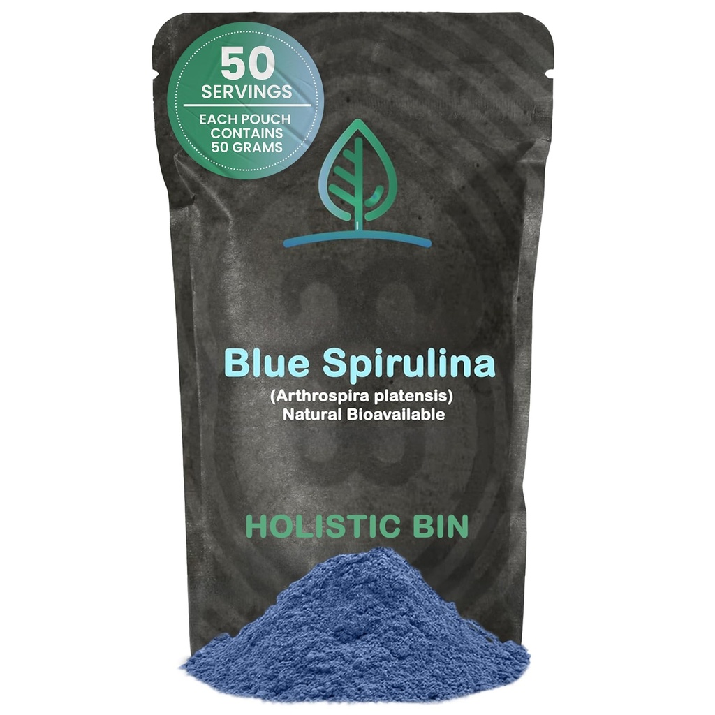 HOLISTIC BIN Blue Spirulina Powder - Organic Blue-Green Algae Supplement, Rich Source of Vegan Protein, Vitamins, & Phytonutrients, Ideal for Smoothies, Baked Goods, & Natural Food Coloring - 50 Grams
