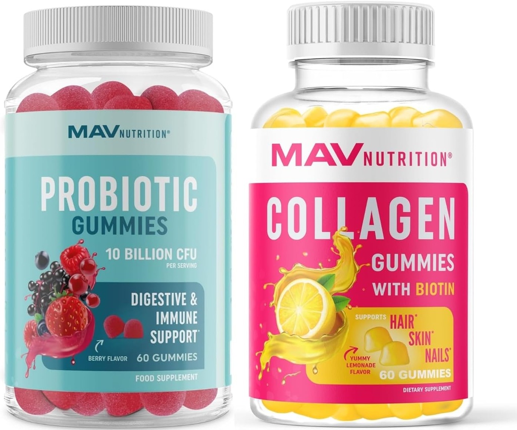 MAV NUTRITION Collagen Gummies for Women and Probiotic Gummies | Hair, Skin, Nails, and Gut Health Support with Biotin, Vitamin C, and 5 Billion CFU | 60 Gummies Each