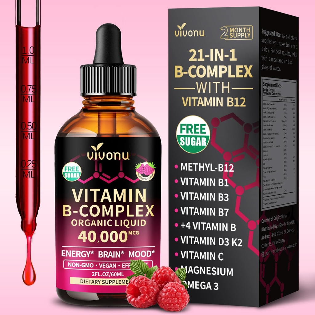 VivoNu Vitamin B Complex Liquid Drops 1,000mcg Methyl folate, 6000mcg Methylated Vitamin B12, B6 B1, B2, B3, B5, and Methylfolate Support Energy, Raspberry Flavor, Natural Ingredient, Non GMO
