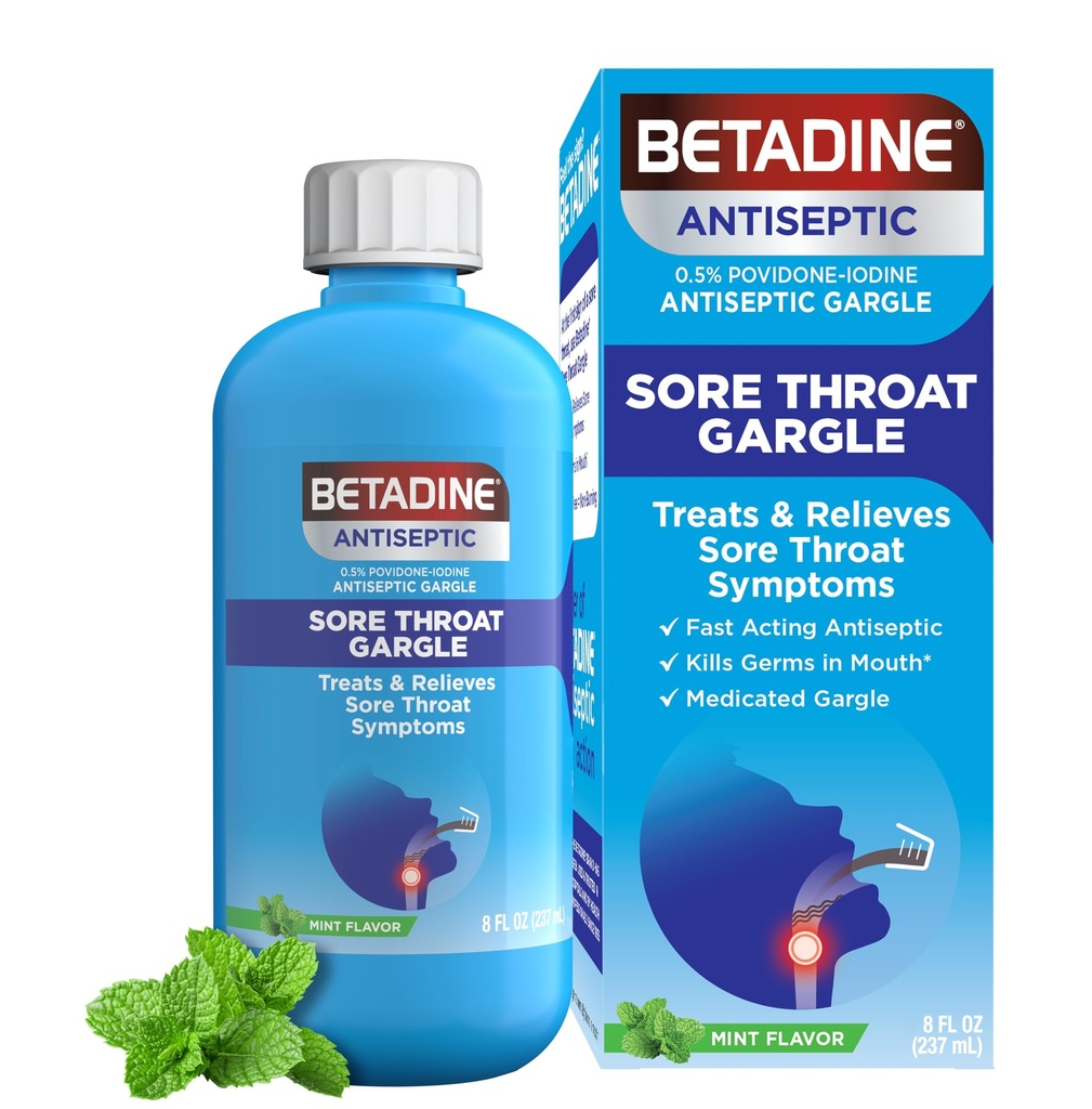 Betadine Sore Throat Relief Gargle, 8 Oz, Fast Acting Antiseptic with Povidone-Iodine 0.5%, Sore Throat Medicine, Mint Flavor