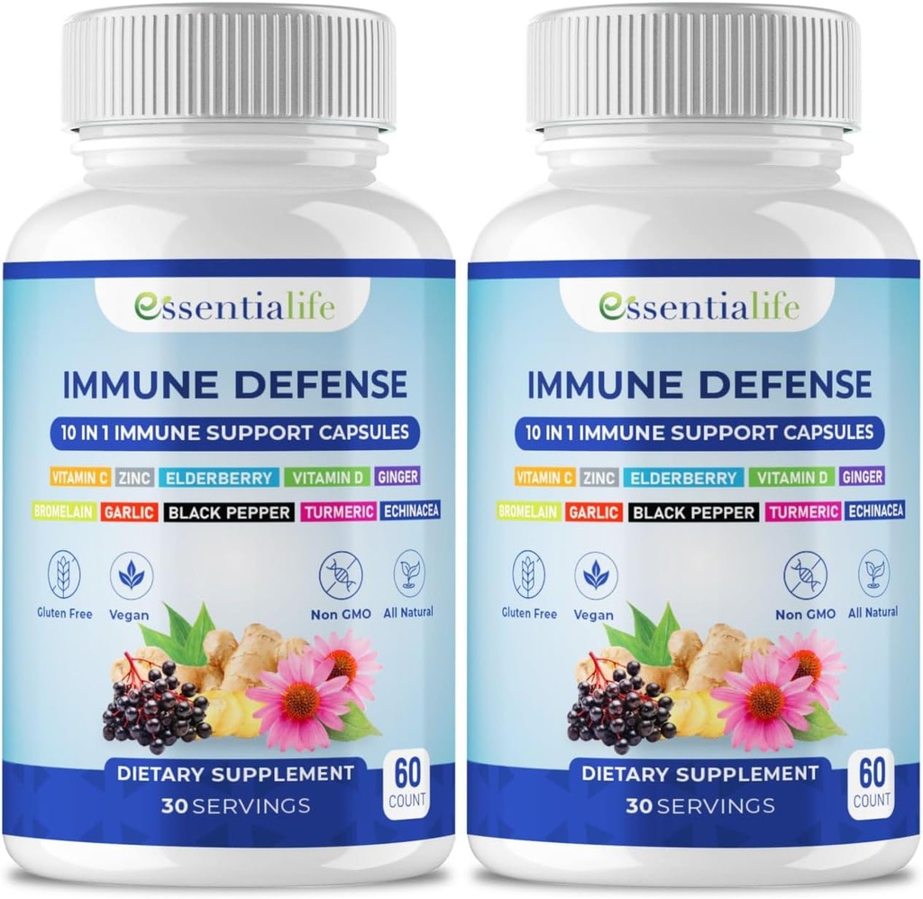 Immune Support Supplement - 2 Packs 10 in 1 Elderberry, Echinacea, Vitamin D, Vitamin C 1000mg & Zinc Supplement - with Immune Booster for Adults - 120 Vitamins Capsules