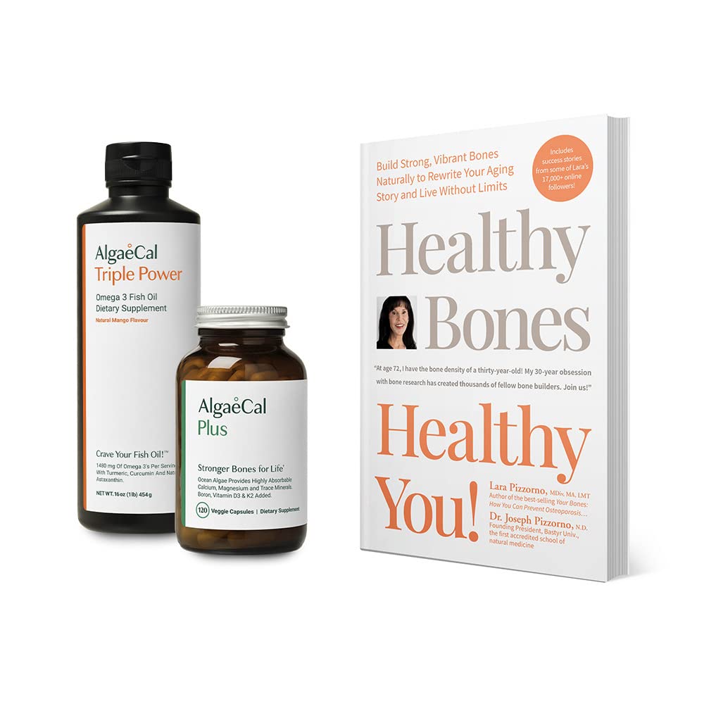 ALGAECAL Bundle - Calcium Supplement with Vitamin D + K2, Mag, Boron & Omega 3 Fish Oil with EPA & DHA and Book by Lara Pizzorno Healthy Bones Healthy You, to Increase Bone Health