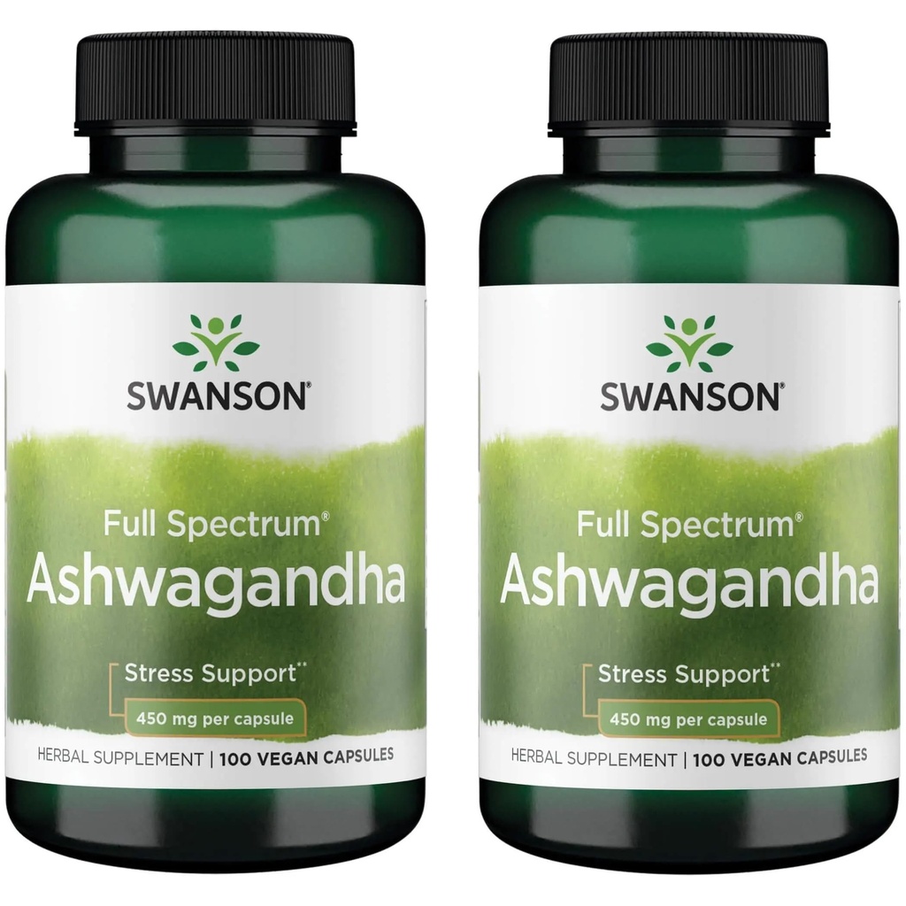 Swanson Ashwagandha Powder Supplement - with Ashwagandha Root to Promote Stress Relief & Energy - Ayurvedic Supplement for Natural Wellness (100 Capsules, 450mg Each) 2 Pack