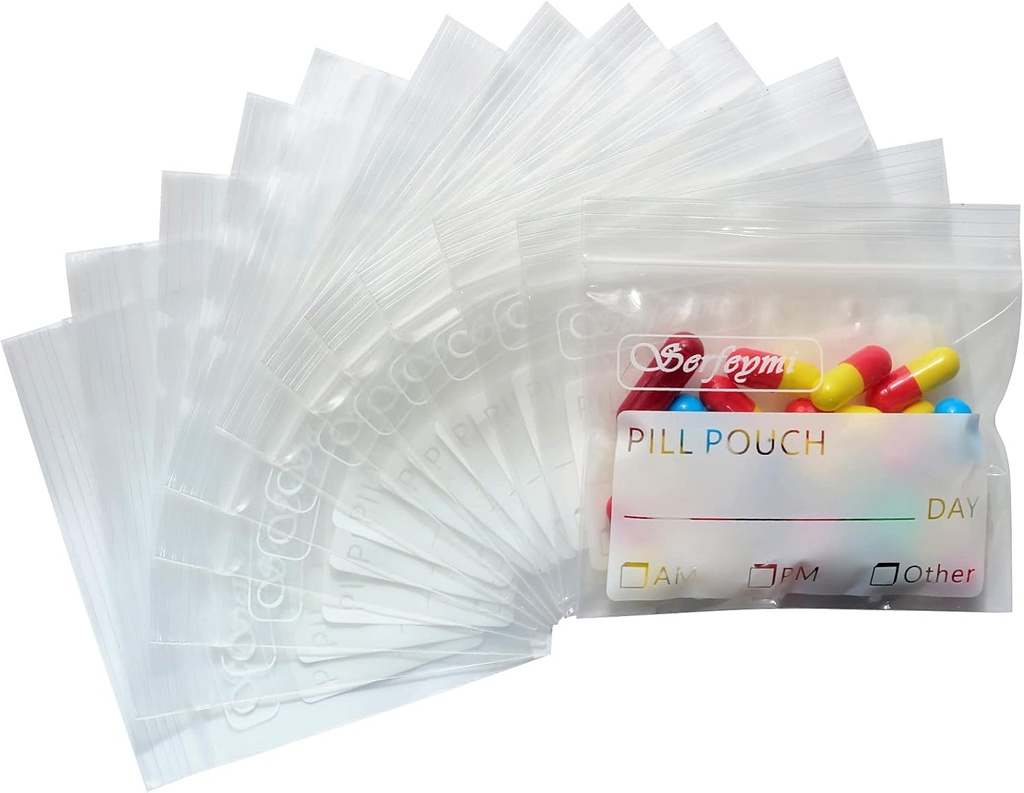 Serfeymi Pill Bags for Travel Pill Pouch Organizer Pack of 120 BPA Free 3 x 2.75 inch Reusable Pill Pouches for Medicine with Write on Label & Zipper Seal Waterproof AM PM Pill Baggies for Supplements