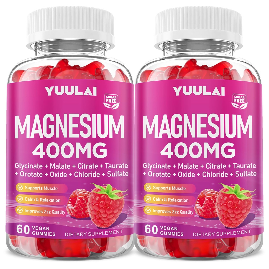 Pack of 2 Magnesium Complex Gummies 400mg, Magnesium Glycinate, Malate, Citrate, Taurate, Oxide & More | w/Ashwagandha Extract, D3 & B12 for Calm, Zzz, Relaxation, Raspberry Flavor, 120 Count