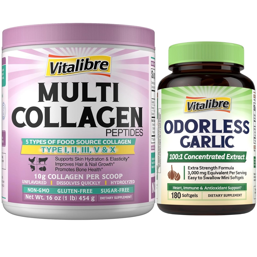 Vitalibre Multi Collagen Peptides Powder Type I II III V X, 16oz, and Odorless Garlic, Extra Strength 100:1 Extract, Heart & Immunity, Antioxidant Defense, 180 Softgels