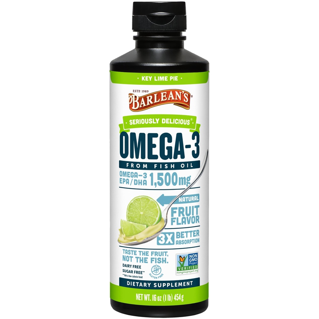 Barlean's Omega 3 Fish Oil Liquid Supplement for Men and Women, 1500mg of EPA and DHA Fatty Acid, Promotes Brain & Heart Health - Non-GMO, Key Lime Pie, 16 oz