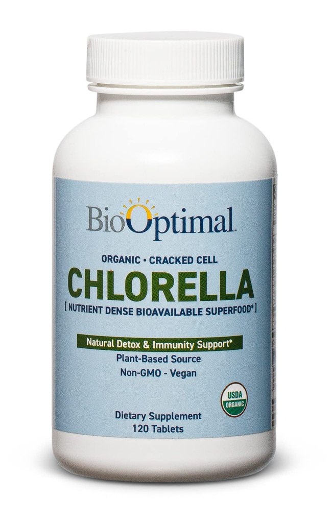 BioOptimal Organic Chlorella Tablets - Organic, Non-GMO, No Additives or Fillers - 500mg Premium Quality Suplemento dietético con Vitaminas, Minerales, & Antioxidantes (120 Tablets)