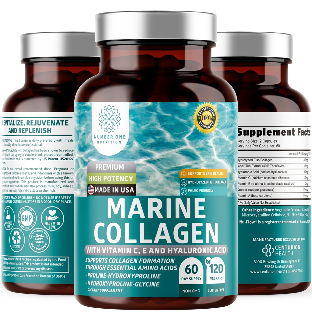 Collagen marino hidrolizado con ácido hialurónico, vitamina C, teaflavin y cobre, suplemento de colágeno para mujeres y hombres para la piel radiante, pelo " uñas, libre de gluten y no transgénico, 120 caps