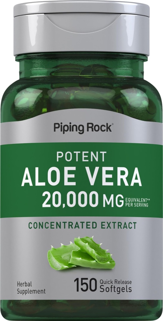 Piping Rock Aloe Vera Capsules 20000mg TEN 150 Softgels TENCIÓN Concentrado Extracto Suplemento Silencio No GMO, Gluten Free