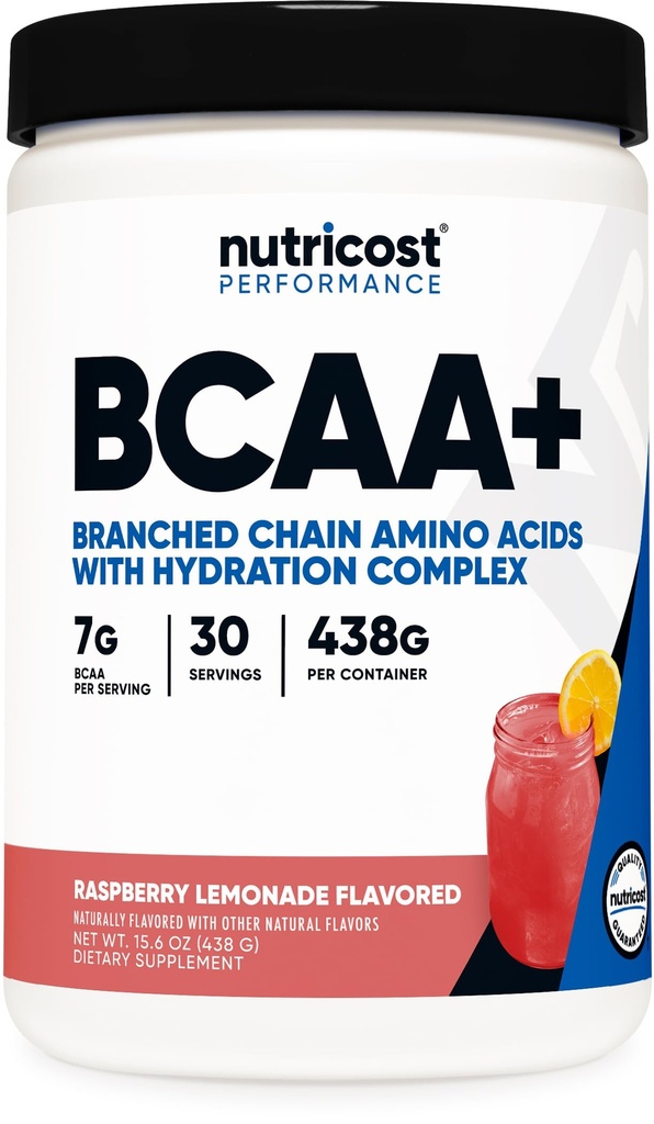 Nutricost BCAA + Polvo de hidratación (Raspberry Lemonade) 30 Serviciones - Aminoácidos de cadena ramificados con complejo de hidratación - Gluten-Free, Non-GMO