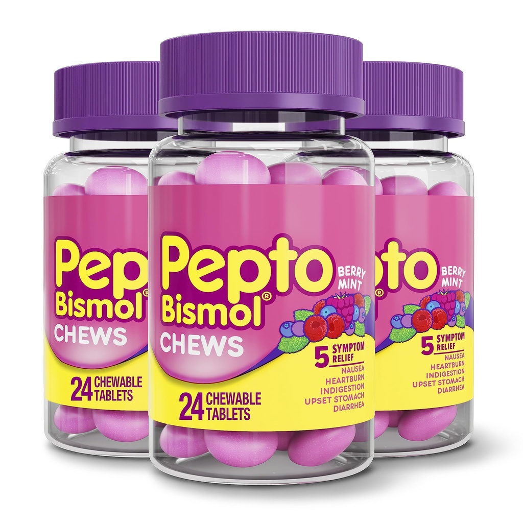 Pepto Bismol Chews, Fast and Effective Digestive Relief from Nausea, Heartburn, Indigestion, Upset Stomach, Diarrhea, Berry Mint Flavor, 72 Total (3 Packs of 24)