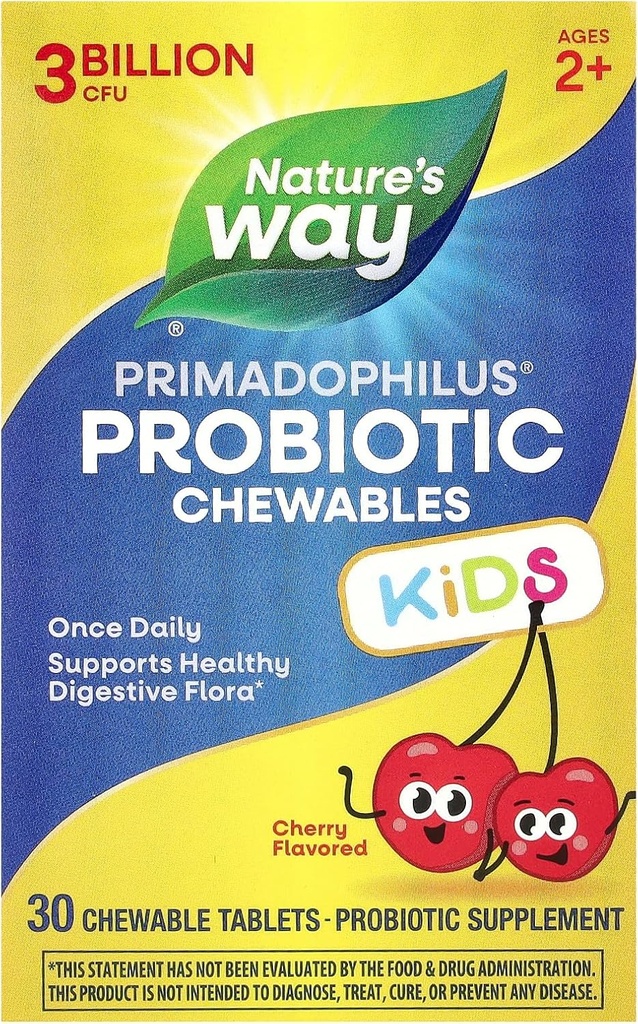 Nature's Way Primadophilus Probiotic Chewables for Kids, Supports Healthy Digestive Flora*, for Kids Ages 2+, 3 Billion CFU, 30 Cherry Flavored Chewables (Packaging May Vary)