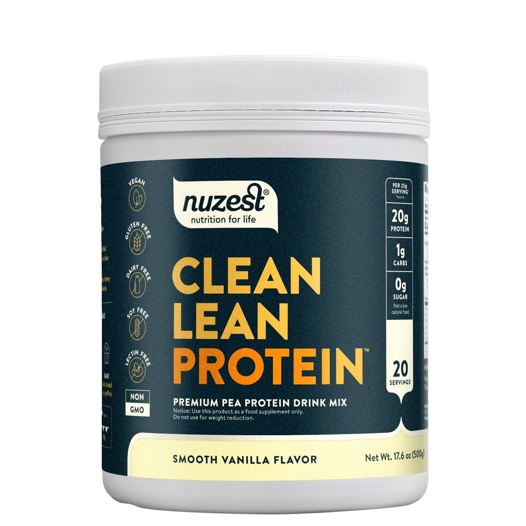 Nuzest - Pea Protein Powder - Clean Lean Protein, Premium Vegan Plant Based, Dairy Free, Gluten Free, GMO Free, Naturally Sweetened Protein Shake, Smooth Vanilla, 20 Servings, 1.1 lb