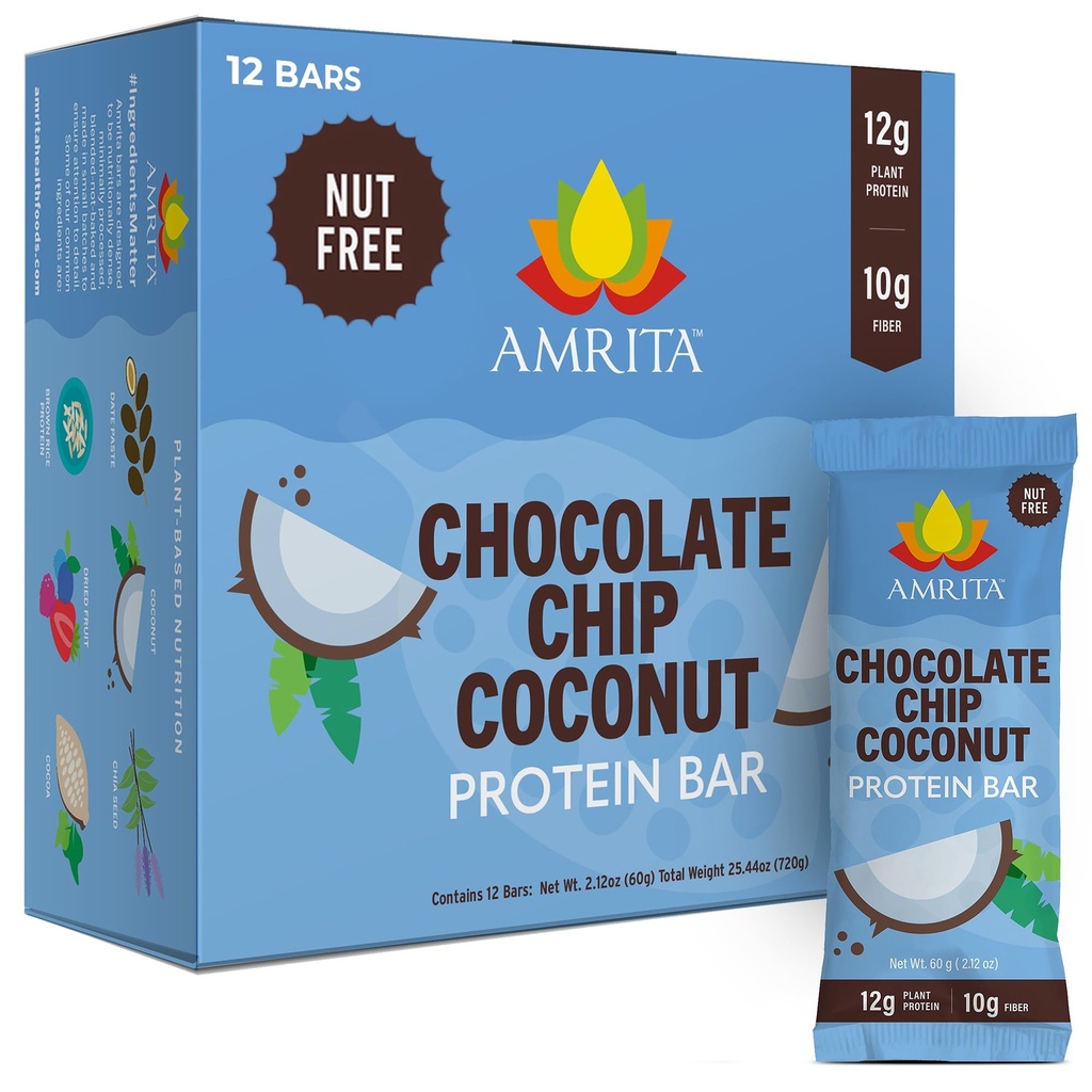 Amrita Nut Free Chocolate Chip Coconut Vegan Protein Bars (12 Count) | 12g Plant-Based Protein Bar | Peanut Free, Gluten Free, and Dairy Free | Low Sugar, High Fiber, Healthy School-Safe Snacks