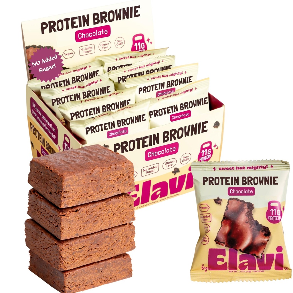 Elavi Chocolate Fudge Protein Brownies - 11g Plant Protein & 12g Fiber - Vegan, Gluten Free, No Added Sugar, No Sugar Alcohols - Date Sweetened, Kid Friendly, Non-Dairy Snack (8 Pack)