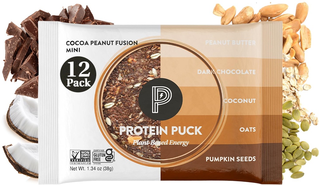 Protein Puck Vegan Plant based Protein Bar – Natural Healthy Snack Bars, 12 Count, 1.34oz Mini, Gluten Free, Dairy Free, No GMO, Kosher – Cocoa Peanut Fusion - Chocolate, Peanut Butter, Sport Nutrition