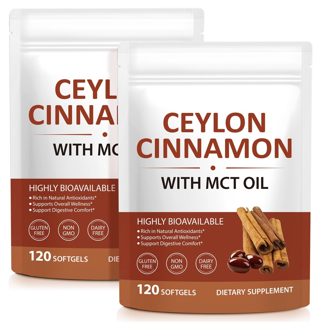 Ceylon Cinnamon Capsules with MCT Oil, High Absorption Formula, Antioxidant Support, Digestive Health Supplement, Cinnamon Supplements for Women & Men, 2Pack