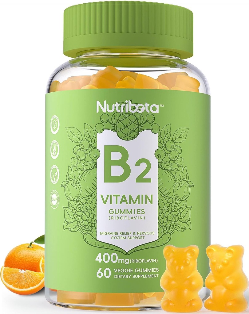 Azúcar Vitamina Gratuita B2 Gummies- Riboflavin 400mg con Magnesio, CoQ10 para Adultos &amp; Niños, Vegan, 60 Cuenta