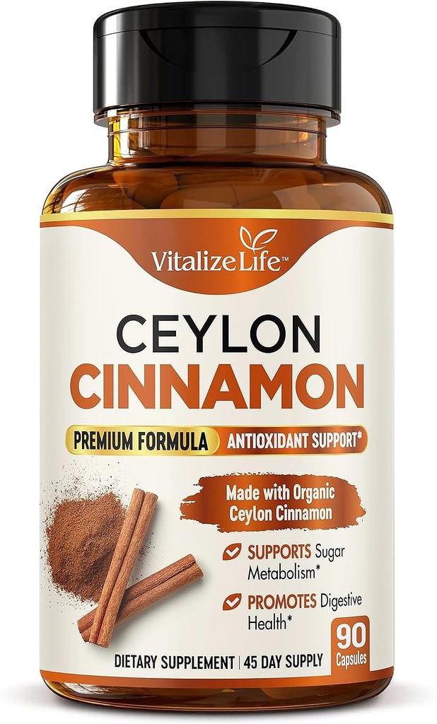 Ceylon Cinnamon Capsules 1200mg – Made in USA – Certified Organic Cinnamon Supplements – Supports Healthy Metabolism and Glucose Balance – 90 Vegan Pills