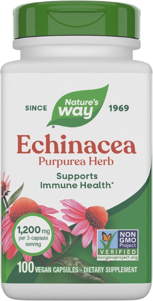 Nature's Way Echinacea Purpurea Herb, Immune Support Supplement*, 1200 mg por 3 cápsulas, Non-GMO Project Verified, Vegan, 100 cápsulas (Packaging May Vary)