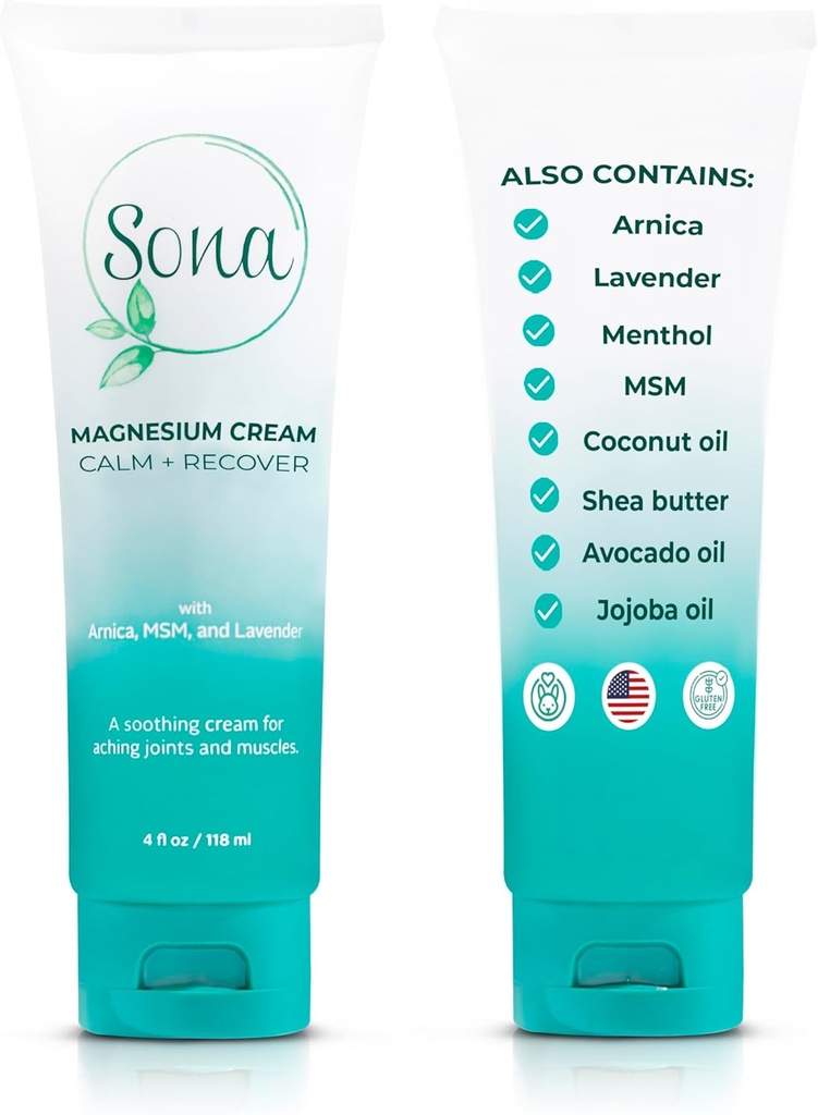 Crema de magnesio con Arnica, MSM, Menthol y Lavender – Loción de magnesio tópico para el apoyo al sueño y los calambres de las piernas, aplicar a la espalda, piernas, pies y cuello – 4 oz
