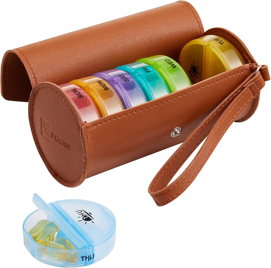 FGcase Organizador semanal de píldoras 2 veces al día Gran caja de agua de arco iris de 7 días con caja de cuero de PU marrón Contenedor de medicamentos de viaje portátil AM PM Pill Box for Vitamins, Fish Oils, Medicine, Supplements