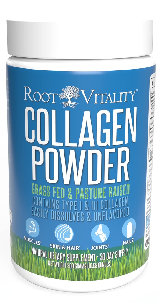 Root Vitality Collagen Peptides Powder - Grass-Fed, Pasture-Raised Hydrolyzed Protein Supplement for Skin, Hair, & Nails - Non-GMO, Zero Sugar Daily Supplement for Men & Women (30 Servings)